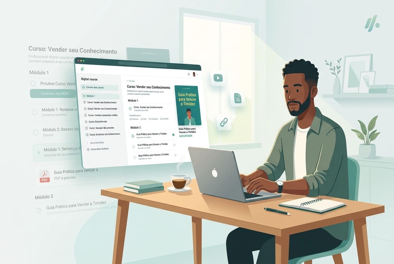 Infoprodutor a trabalhar no portátil, com o painel de um curso digital e um guia em destaque, com ícones de vídeo, documento e link a flutuar
