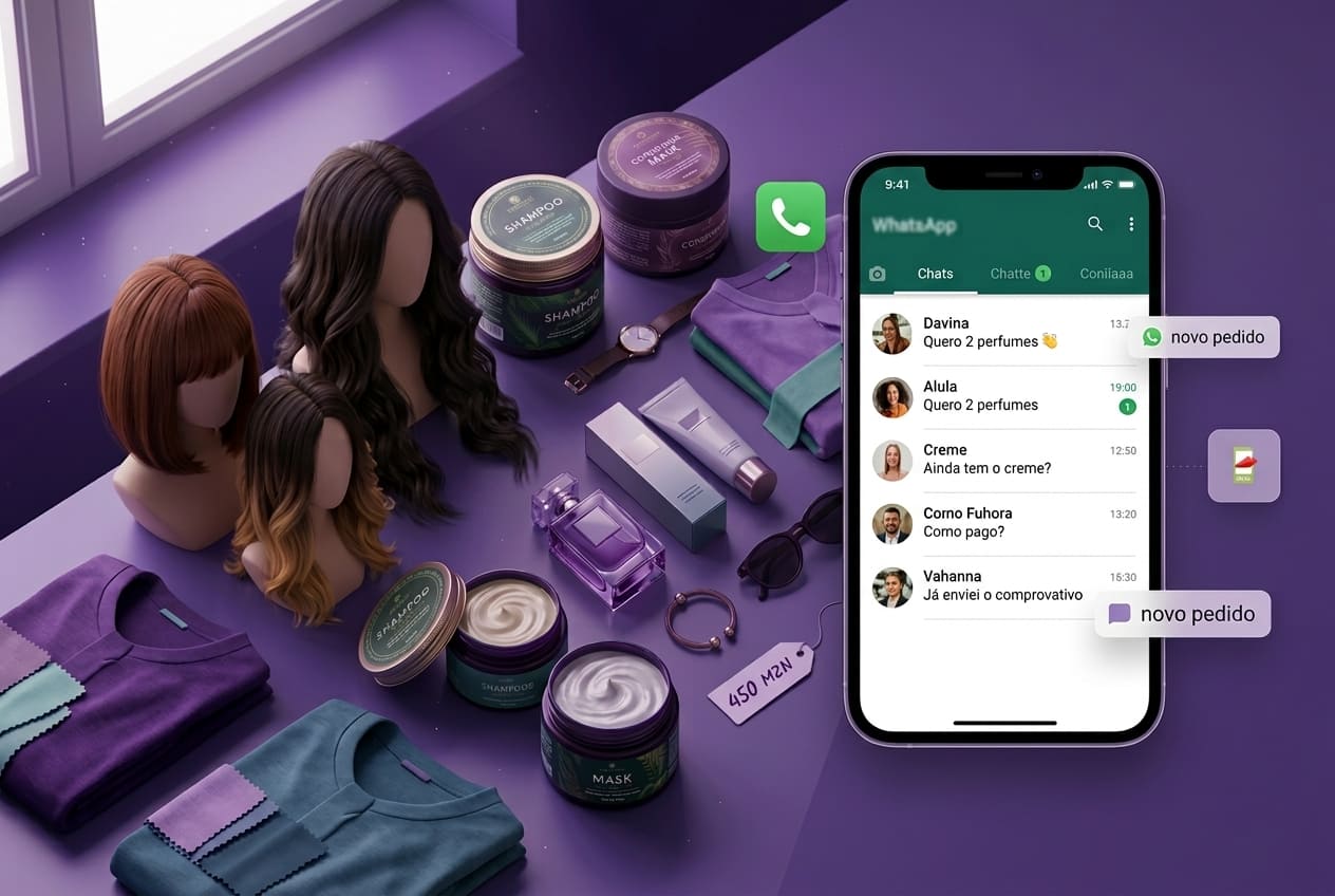 Mesa com perucas, cosméticos, roupa e perfume ao lado de um telemóvel com conversas de WhatsApp e avisos de novo pedido